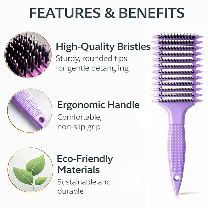 Curl Defining Brush with Hair Clips – Detangling Tool for Wet or Dry Styling, Ideal for Curly Hair, Women & Girls (Purple)
