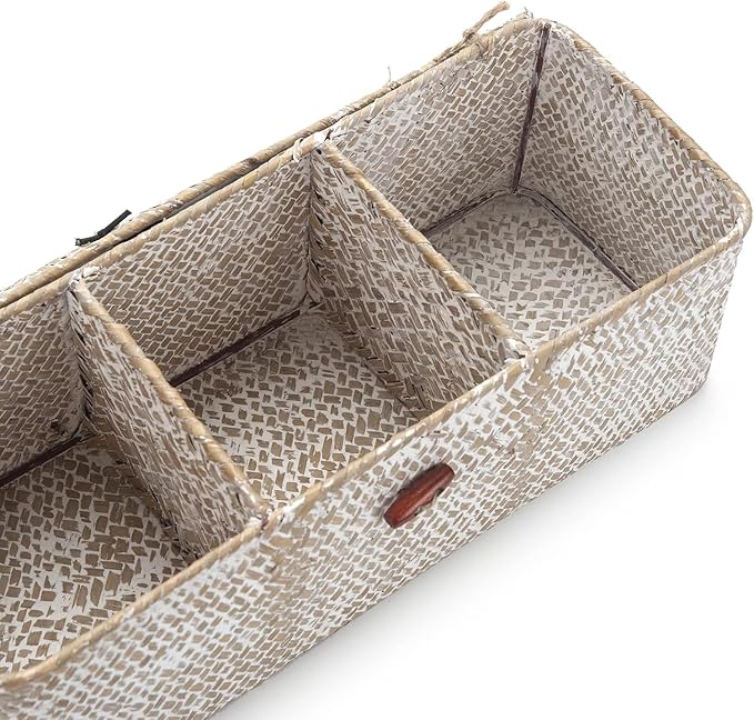 Seagrass Storage Basket for Bathroom - Wicker Toilet Tank Basket with Lid - Woven Storage Box for Organizing (Whitewash, 13" x 5" x 4.3")