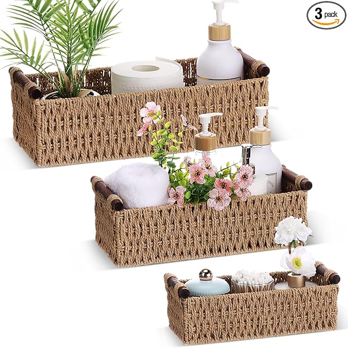 Boao 3 Pcs Boho Storage Wicker Baskets Handmade Woven Decorative Paper Rope Baskets for Organizing with Handle Countertop Toilet Paper Storage Container for Toilet Tank Top(Natural Color,Rectangle)
