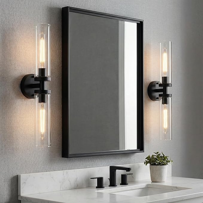 Wall Sconces Set of 2, Hardwired Bathroom Light Fixtures, Modern Bathroom Vanity Wall Lighting with Clear Glass Shade, Farmhouse Wall Sconce for Mirror Bedroom Hallway, Matte Black, E26 Base