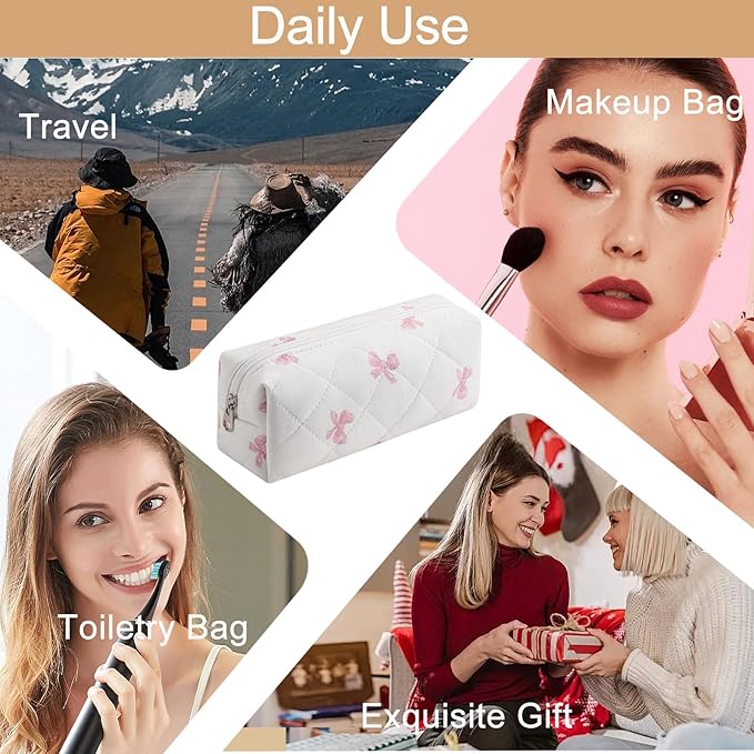 HHQQWZ Cute Floral Cotton Makeup Brush Cosmetic Bag for Women, Travel Quilted Zipper Make Up Bag, Flowers Toiletry Organizer Case Kawaii Makeup Cosmetic Travel Cloth Pouch (Pink Bow Tie)