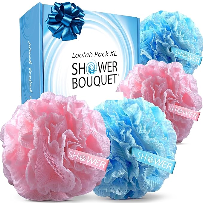 SHOWER BOUQUET Blue+Pink-Loofah-Bath-Sponge Lace-Mesh-Set 2-Scrubs-in-1 60g