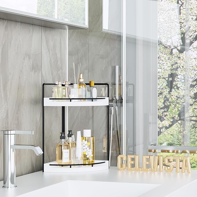 CeleVista Corner Bathroom Counter Organizer, 2 Tier Wood Vanity Storage, Waterproof Skincare Shelf for Kitchen & Toiletries Decor, Dresser (White-2 Tier)