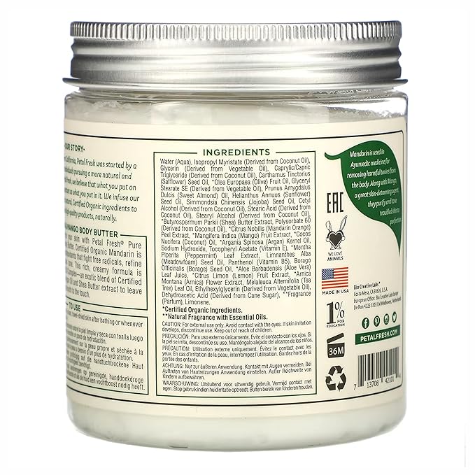 Petal Fresh Pure Clarifying Mandarin & Mango Body Butter, Organic Coconut Oil, Argan Oil, Shea Butter, Purifying and Toning, For All Skin Tupes, Natural Ingredients, Vegan and Cruelty Free, 8 oz
