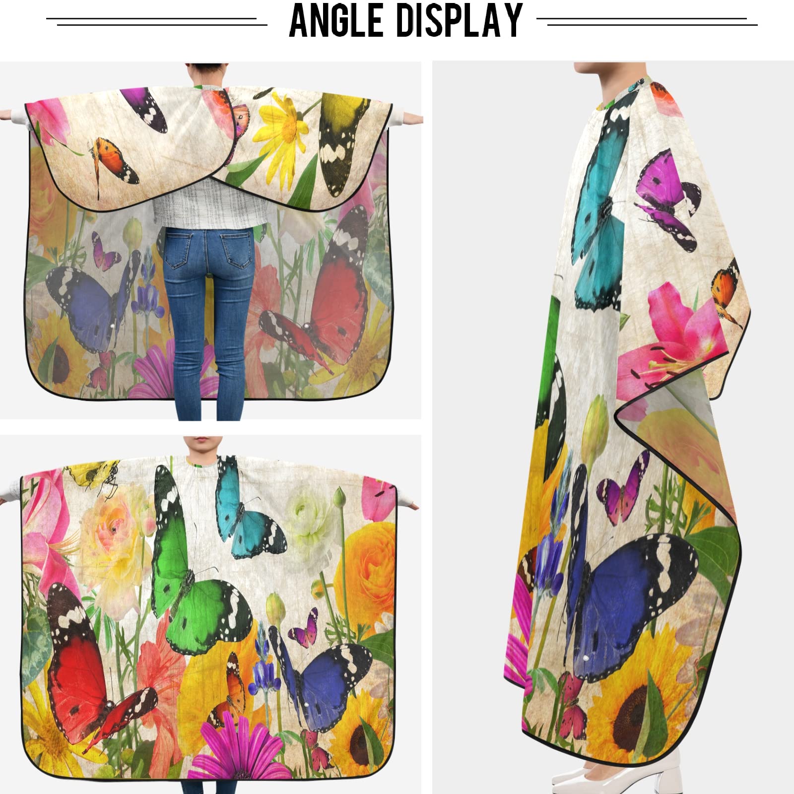 visesunny Barber Cape Abstract Vintage Flower Butterfly Polyester Hair Cutting Salon Cape Apron Anti-Static Haircut Water-Resistant Shaving Cloth Beard Shaving Bib Hairdressing Cape