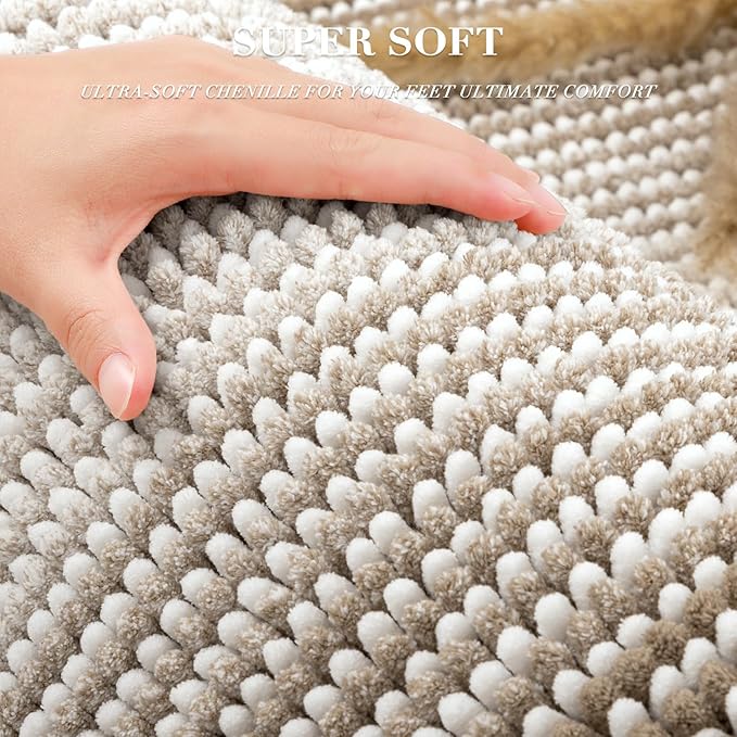 Bathroom Rugs and Mats Sets, 2 Piece Thick Absorbent Chenille Bath Mat Rug Set Non Slip, Soft Shaggy Bath Room Floor Mats for Bathroom, Machine Washable (Light Taupe, 20" x 60" Plus 20" x 32")