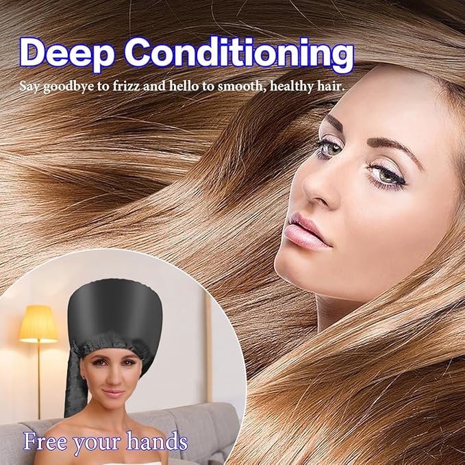 Hooded Hair Dryer Bonnet - Fast Drying for Natural Hair, Deep Conditioning & Curls - Adjustable, Even Heat, Portable Travel (Black)