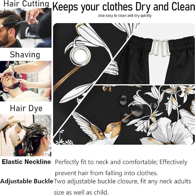 visesunny Barber Cape Exotic Tropical Hibiscus Flower And Hummingbird Gold Silver Pattern Polyester Hair Cutting Salon Cape Apron Anti-Static Haircut Water-Resistant Shaving Cloth Beard Shaving Bib Ha