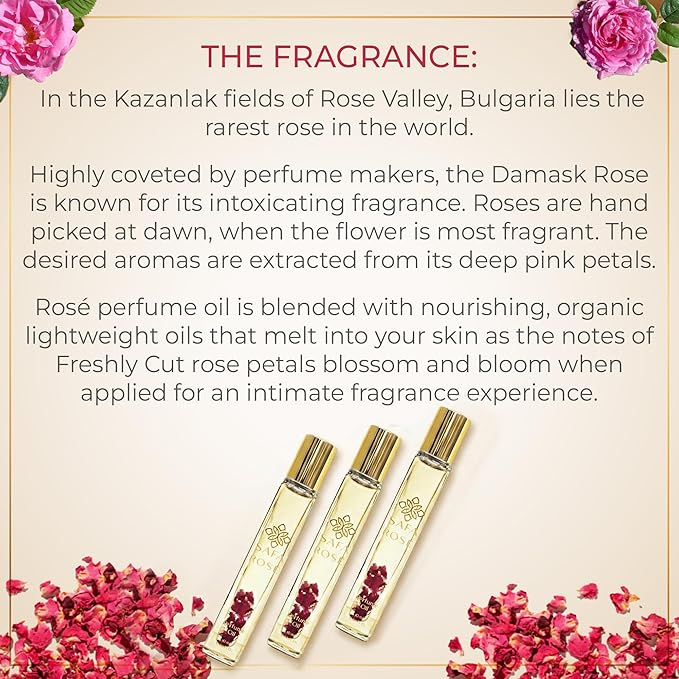SAFA Rosé Organic Rose Oil Perfume Roller | Bulgarian Damask & Indian Rose Petals | 10 mL Long Lasting Perfume Oil for Women & Men | Alcohol Free & Non Toxic
