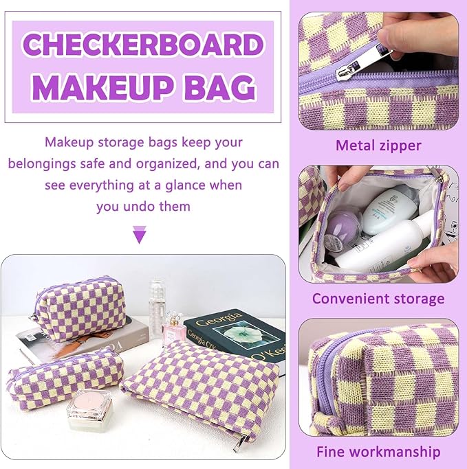 Gocvo 3 Pcs Makeup Bag Checkered Cosmetic Bag Large Capacity Traveling Toiletry Pounch Organizer Cute Makeup Brushes Aesthetic Accessories Storage Bag for Girls Women (Purple-White)