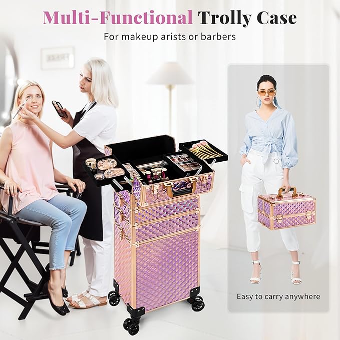 AROUS Rolling Train Makeup Case Cosmetology Case on Wheels, Pink