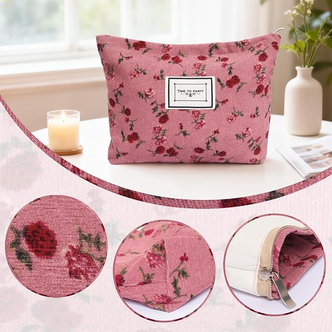 Dqwtb 1pcs Floral Makeup Bag for Women Travel Cosmetic Pouch Toiletry Organizer for Skincare Brushes and Daily Essentials 8.27x7.28x1.97 inch(Flower-1, Rose)
