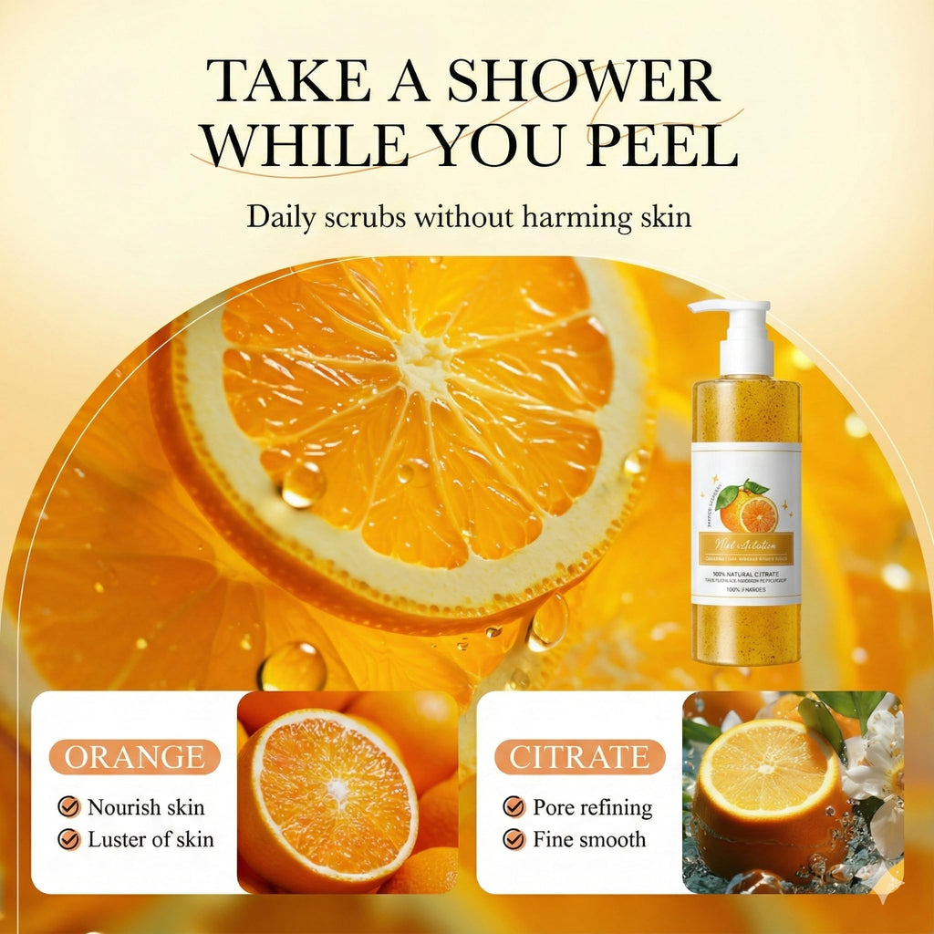 Wayfengli Orange Exfoliating Body Wash - [300ml] Vitamin C Brightening Shower Gel with Natural Scrub - Citrus Scented Mild Body Scrub for Glowing Skin & Roughness - Refreshing Daily Cleanser