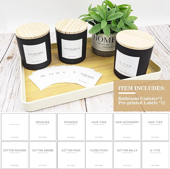 Ezebesta 3PCS Modern 13.53oz Black Bathroom Canisters with 12 Labels & Wooden Lid Thick Glass Jar Set Qtip Holder for Cotton Ball & Pads Storage Organization Minimalist Decor