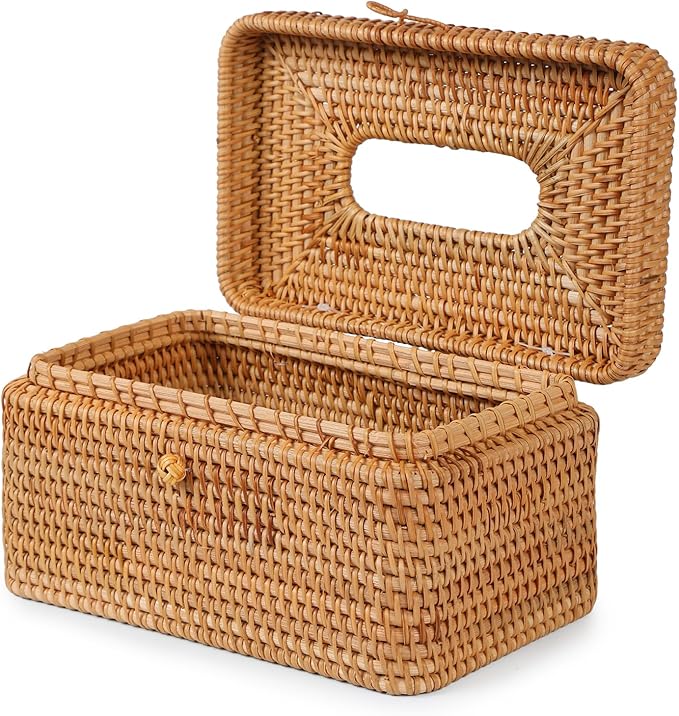 Rattan Rectangular Tissue Box Cover, 10.8" x 6.7" x 5.5", Decorative Woven Facial Tissue Holder with Hinged Top Lid, Fits Up to 180 Sheets, Natural Color