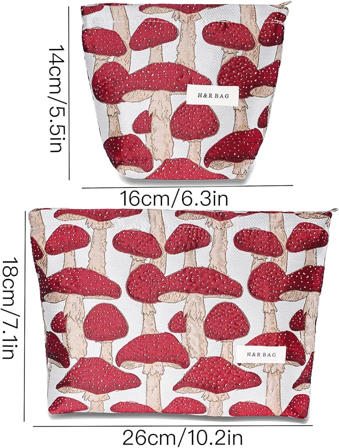 BOCGRPU 2 Pcs Makeup Bags for Purse, Large Cute Cosmetic Bag Travel Toiletry Bag Organizer for Women, Embroidery Craft Mushroom Makeup Bag Small Cosmetic Pouch Purse with Zipper (Red Mushroom)