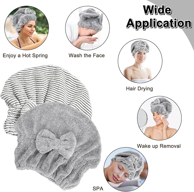 HMIEPRS 2 Pack Microfiber Hair Towel Cap, Quick Drying Cap Soft Absorbent Towel and 2 Combs for Curly Long Thick Dry or Wet Hair (Stripe and Gray)