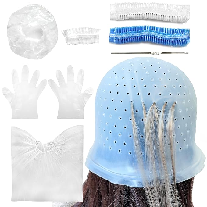 Losaria 9 Pcs Hair Highlighting Kit with Cap Silicone Highlight Cap with Holes Highlighting Cap with Hook Reusable Hair Coloring Dye Cap Highlights Kit for DIY Dyeing Pre Punched Hair Frosting Cap