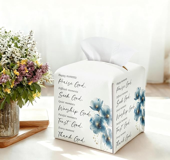Christian Bible Verses Tissue Box Cover Square, Thank God Waterproof Leather Tissue Box Holder, Blue Flower Stylish Paper Facial Tissue Box Covers Cube for Office Bathroom Home Prayer Room