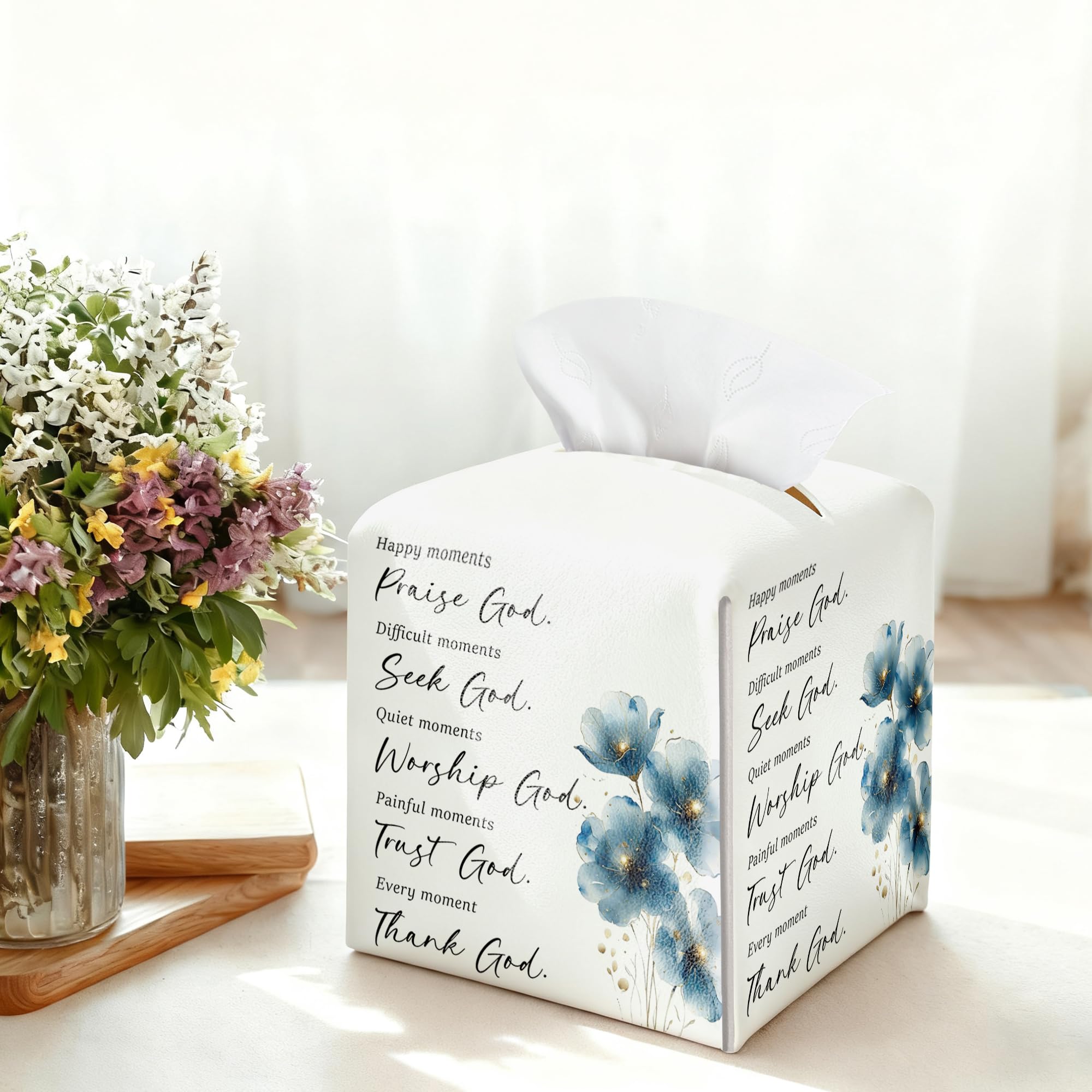 Blue Floral Tissue Box Cover, PU Leather Drawstring Bottom - Thank God, Inspirational Quotes, A Thoughtful Gift for Friends, Colleagues & Christian Loved Ones | Decorative Organizer