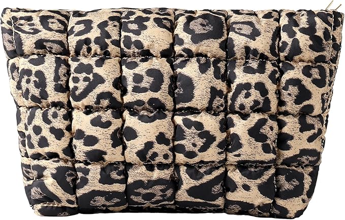 HFLZBRO Puffy Quilted Makeup Bag for Women, Cosmetic Bag, Travel Toiletry Organizer Pouch Clutch (Brown Leopard)