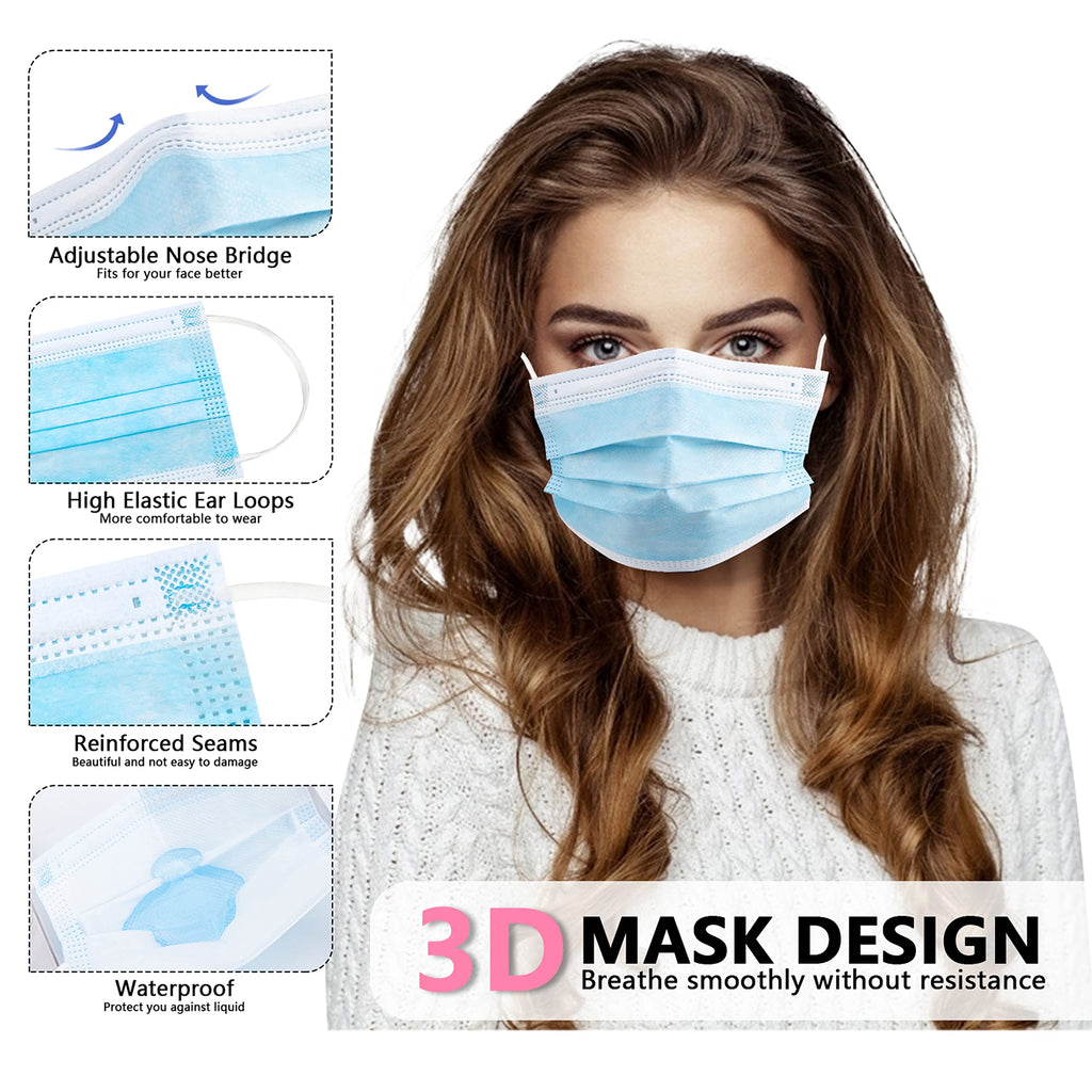 akgk Disposable Face Masks 100Pcs, Blue Face Mask, 3 Ply Disposable Mask