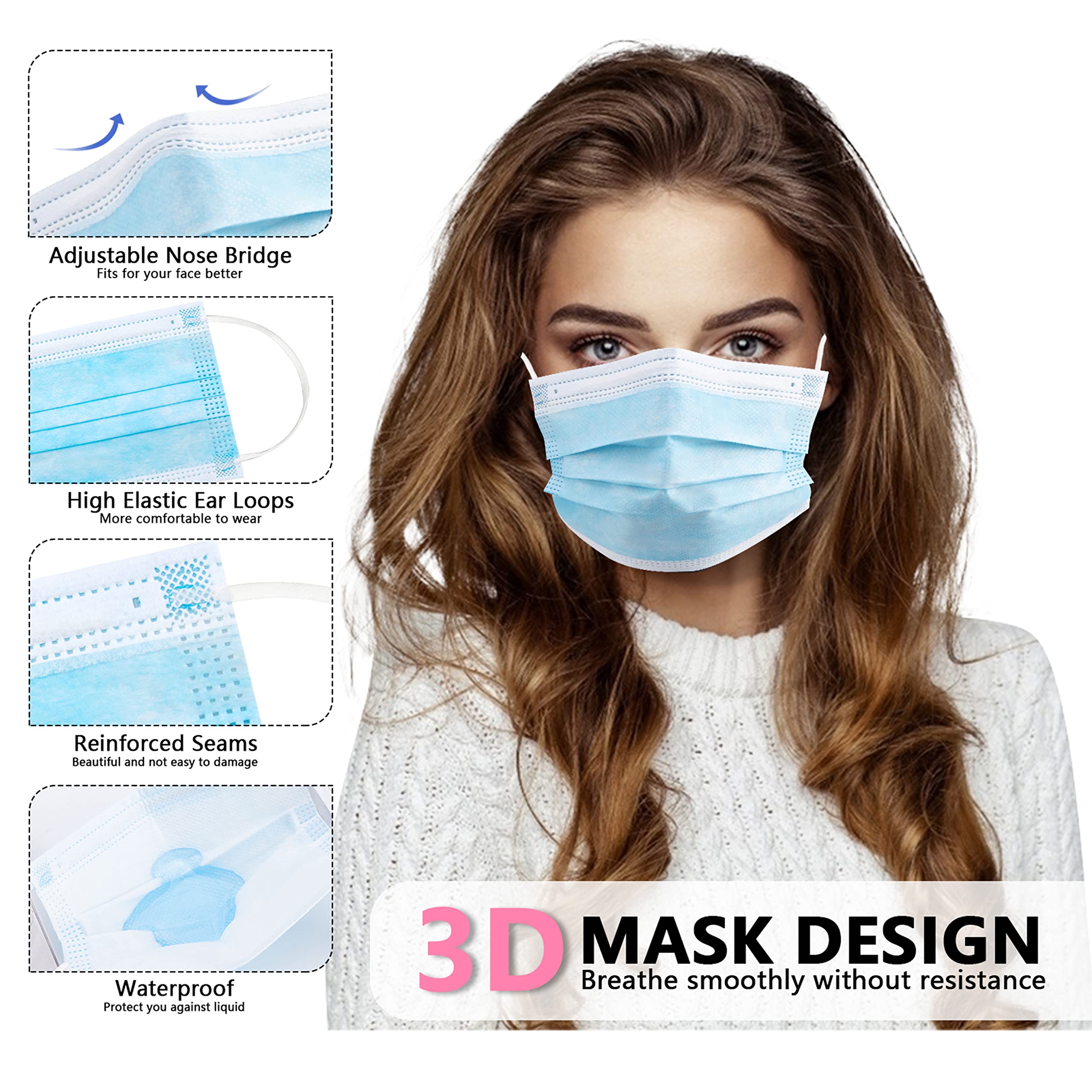 akgk Disposable Face Masks 100Pcs, Blue Face Mask, 3 Ply Disposable Mask