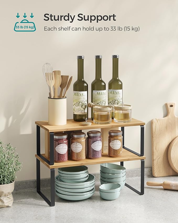 SONGMICS Cabinet Organizer Shelf, Set of 2 Kitchen Counter Shelves, Kitchen Storage, Spice Rack, Stackable, Expandable, Metal and Engineered Wood, 15.6 Inches, Ink Black and Natural Beige UKCS200B01
