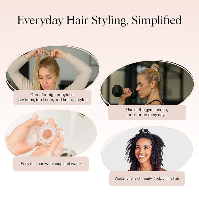 Kitsch Spiral Hair Ties for Women – Coiled Plastic Hair Ties No Damage, Ponytail Holders for Thick and Thin Hair – Creaseless and Dent-Free, Phone Cord Style - Clear, 8 Pcs