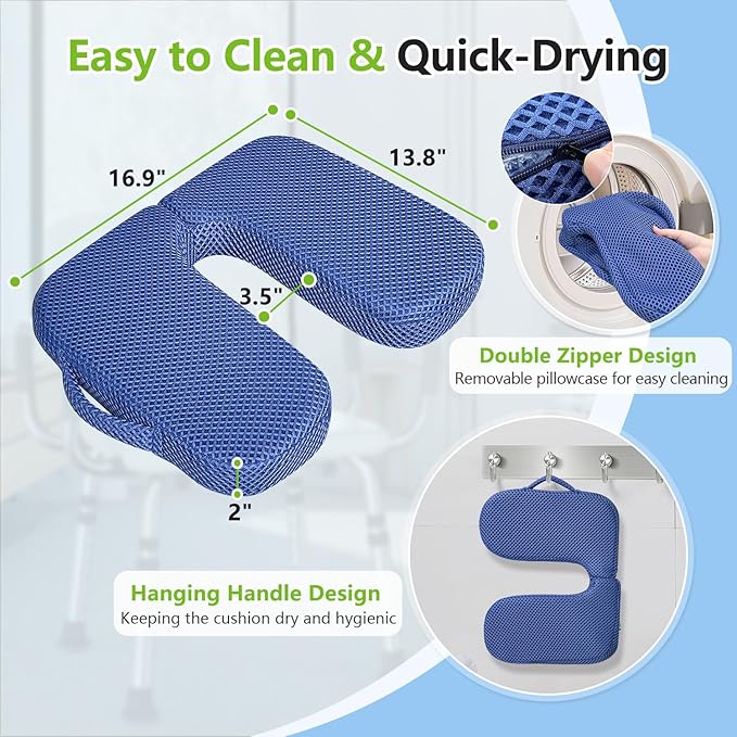 Shower Seat Cushion for Shower Bench, 2 Inch Thick U Shape Shower Chair Bathtub Cushion for Elderly Handicap, 4D air Fiber Chair Pad with Handle, Quick Drying Seat Mat for Shower Seats, Transfer Bench