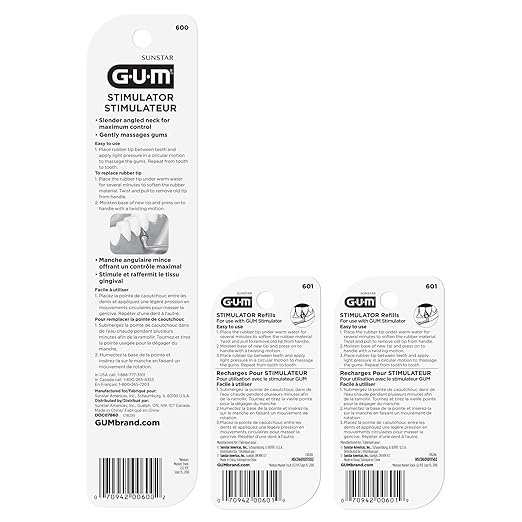 GUM Stimulator Permanent Handle with Rubber Tip, Long-Handled Stimulator & Plaque Remover for Teeth Health, 1 Handle + 2 Refill Packs