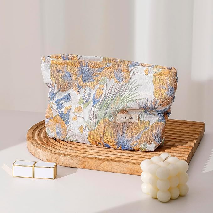 getgto 2 Pcs Makeup Bags, Large Cosmetic Bag Travel Toiletry Bag Organizer for Women, Embroidery Craft, Floral Makeup Bag Small Cosmetic Pouch Purse with Zipper Gifts for Girls Teen