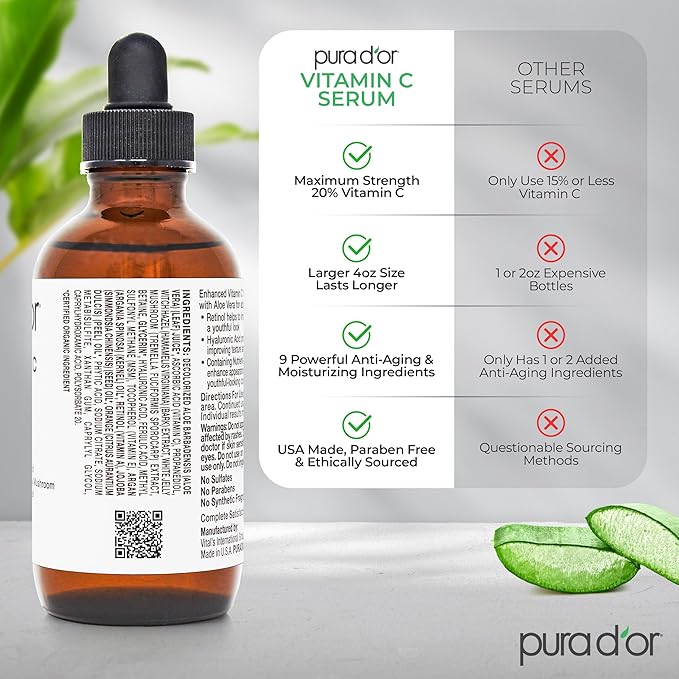 PURA D'OR 20% Vitamin C Facial Serum 4 Oz Antioxidant Anti-Aging Blend w/Retinol, Hyaluronic Acid, Ferulic Acid - Hydrating Lightweight Ayurvedic Skin Care - Men Women Daily Use