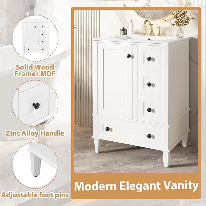 Bellemave 24" Bathroom Vanity with Sink Combo Set, Solid Wood Frame Bathroom Storage Cabinet with 3 Drawers, Soft Closing Cabinet Door with Organizer, White