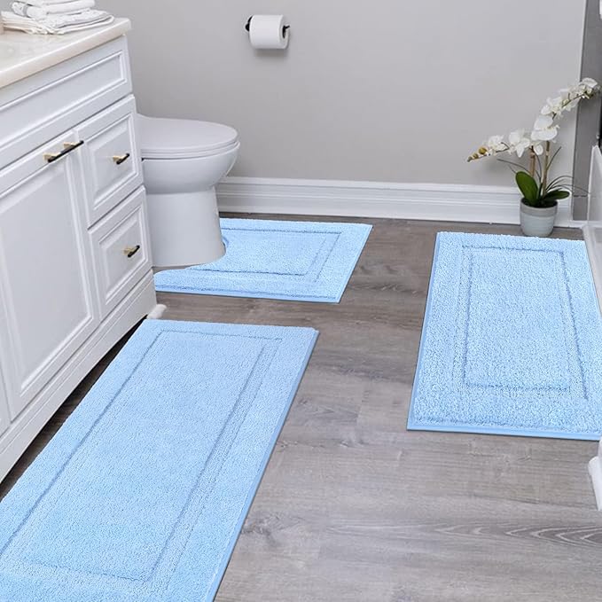 SHACOS Light Blue Bathroom Rugs Sets 3 Piece Bath Mat U Shaped Toilet Rug