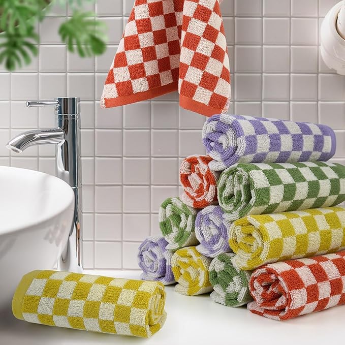 Washcloths 12 Pack Checkered - Wash Cloths for Showering (13"x13")