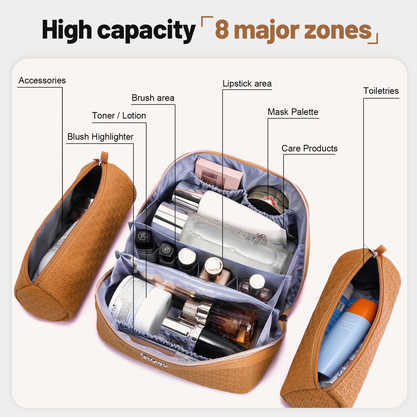 BOYATU Travel Makeup Bag Cosmetic Bags for Women: Large Capacity 3 Pcs Set Make up Bag with Compartments - Waterproof Vegan Leather Toiletry Organizer Bags with Handle (M-74Yellow Brown)