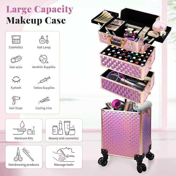 AROUS Rolling Train Makeup Case Cosmetology Case on Wheels, Pink