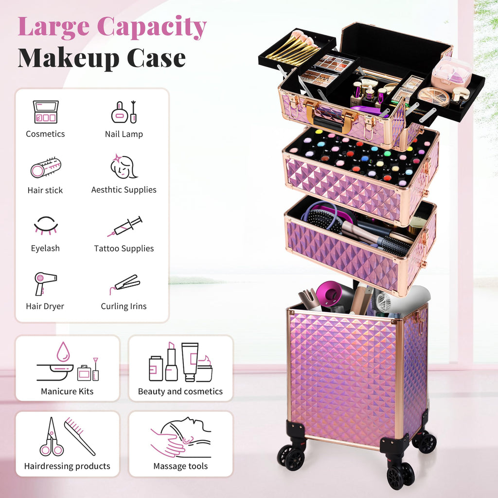 AROUS Rolling Train Makeup Case Cosmetology Case on Wheels, Pink