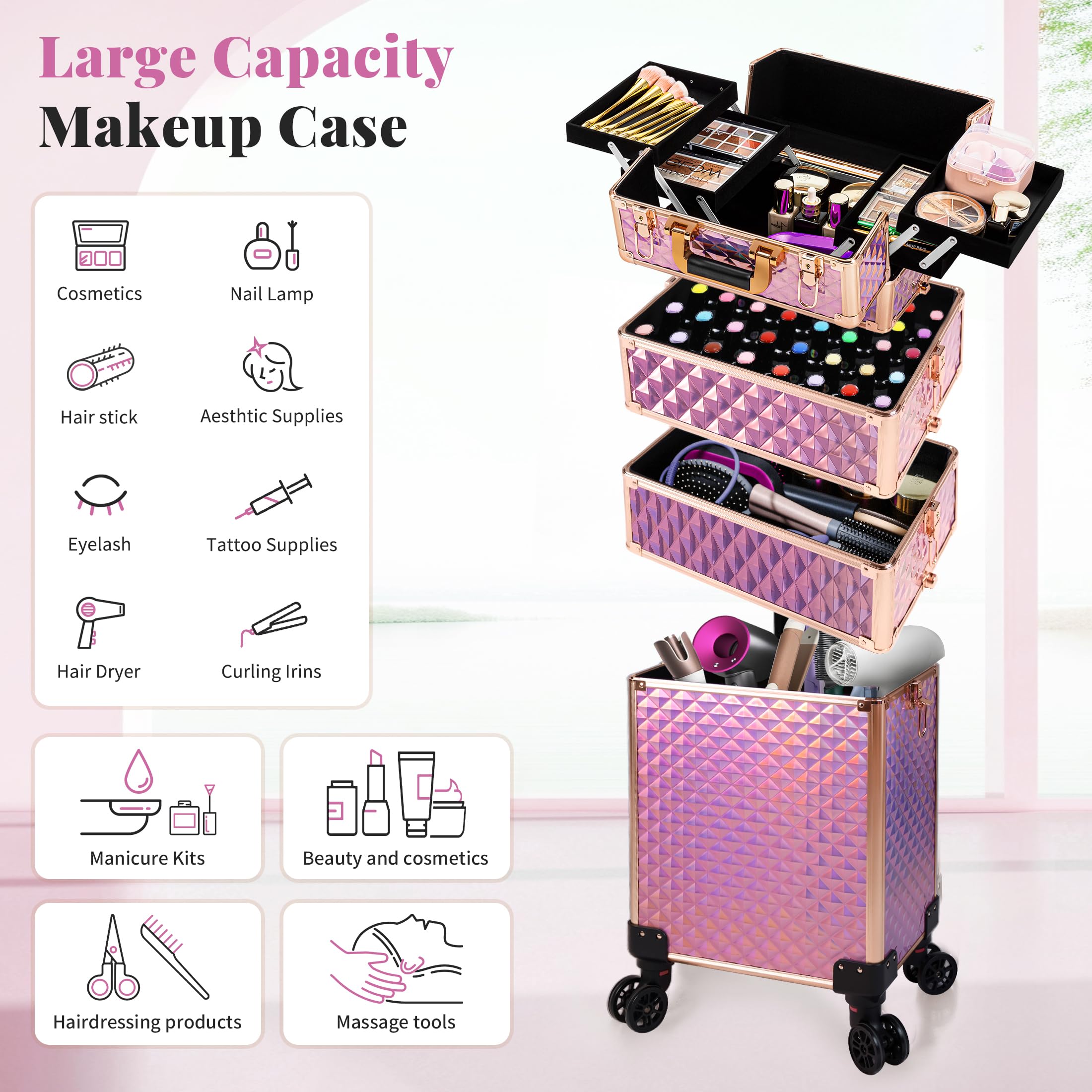 AROUS Rolling Train Makeup Case Cosmetology Case on Wheels, Pink