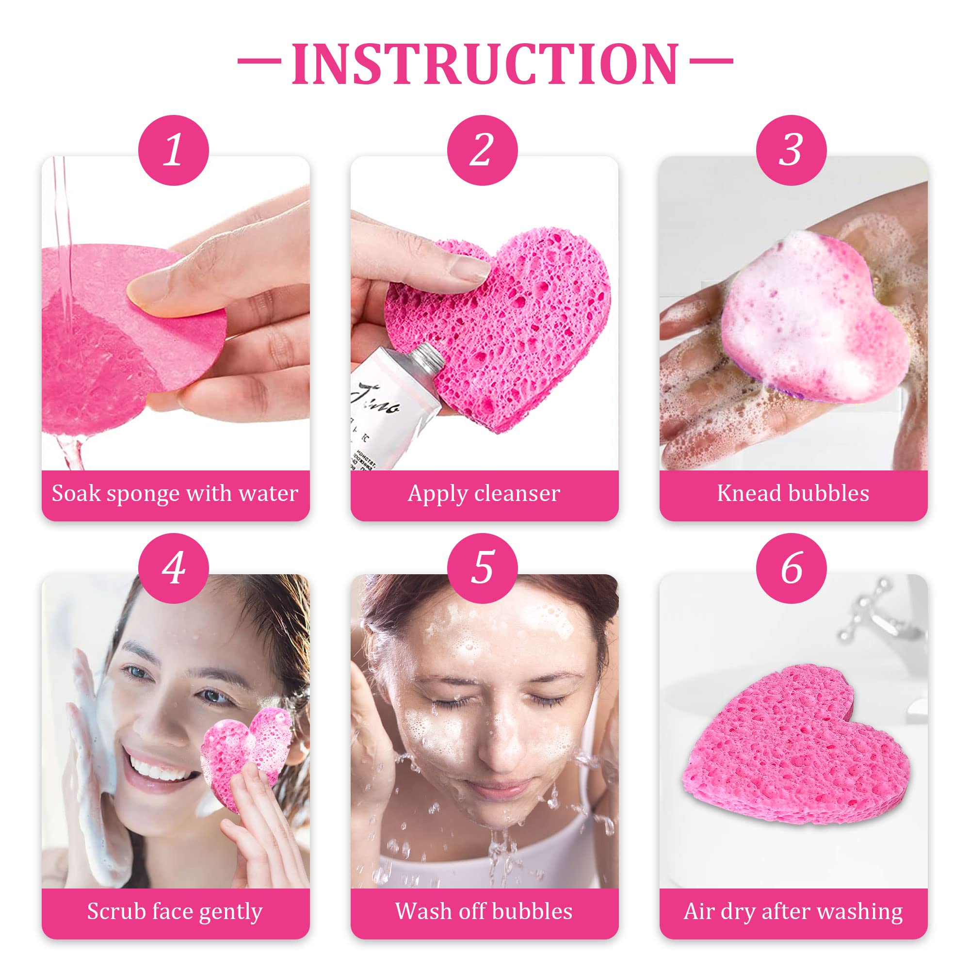 60-Count Kickleen Compressed Cellulose Heart Shape Facial Sponges,Pink