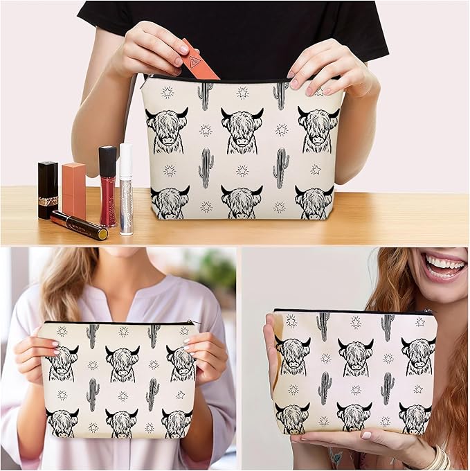 Western Highland Cow Themed Makeup Bag For Women & Teen Girls Travel Gifts