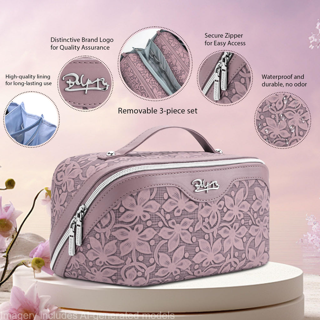 BOYATU Travel Makeup Bag Cosmetic Bags for Women: Large Capacity 3 Pcs Set Make up Bag with Compartments - Waterproof Vegan Leather Toiletry Organizer Bags with Handle (Z-64Purple)