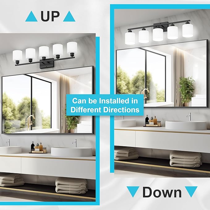 Dekang Bathroom Black Lighting Fixtures Over Mirror, Anti-Rust 5-Light Bathroom Vanity Lights,Milky White Glass Shades