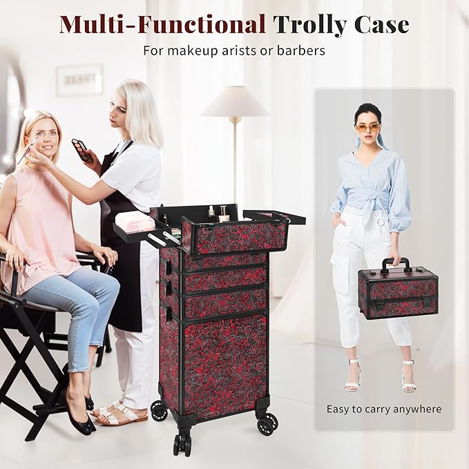 JINGUAN Professional Rolling Makeup Train Case with Lid, 5 in 1 Cosmetology Case on Wheels, Large Cosmetic Trolley Organizer Travel for Hairstylist Artist Nail Beauty Salon Barber, Red