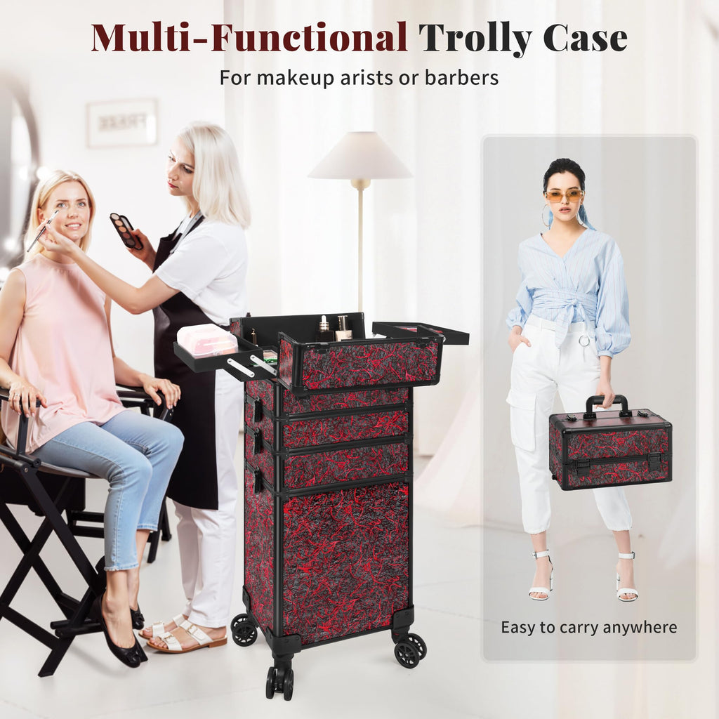 JINGUAN Professional Rolling Makeup Train Case with Lid, 5 in 1 Cosmetology Case on Wheels, Large Cosmetic Trolley Organizer Travel for Hairstylist Artist Nail Beauty Salon Barber, Red