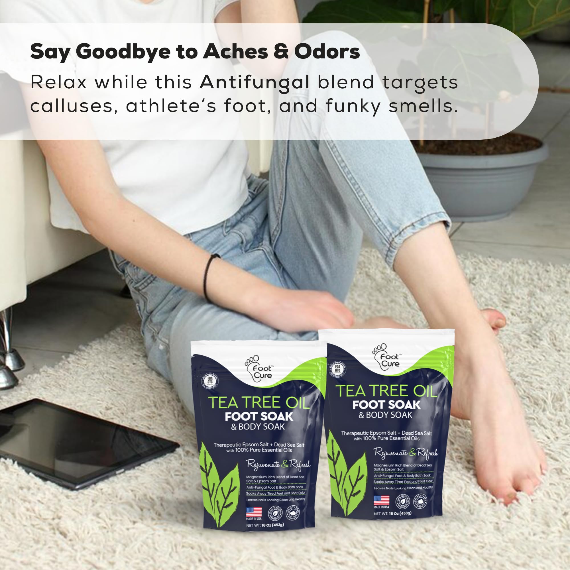 FOOT CURE Tea Tree Oil Foot Soak with Epsom Salt - Best Toenail Fungus Treatment, Athletes Foot & Softens Calluses - Soothes Sore & Tired Feet, Fungal Toe, Foot Odor Scent, Spa Pedicure (Pack of 2)