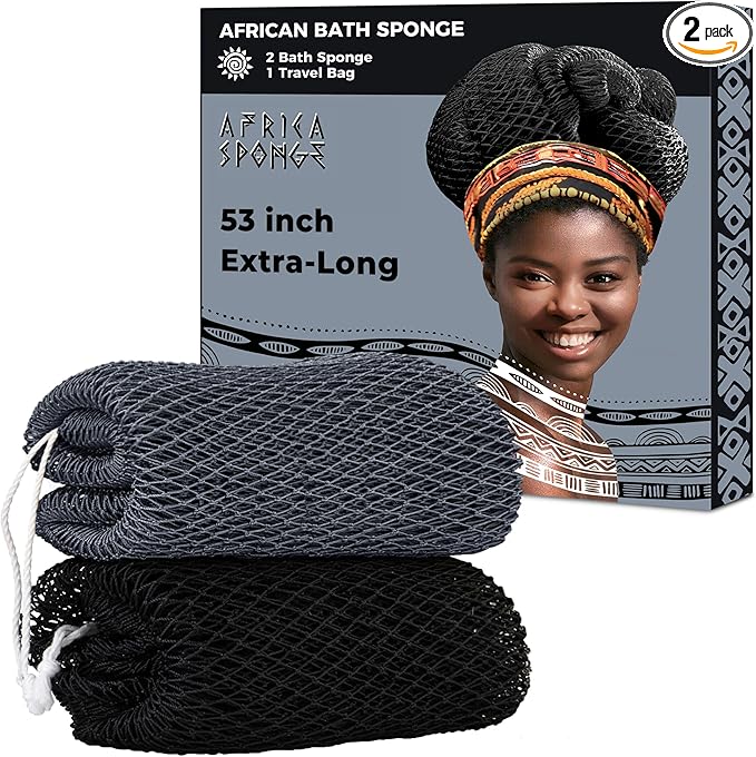 African Net Sponge Authentic - 2 Pieces 52IN Stretched Length Exfoliating Body Scrubber Bath Sponge - Loofah Washcloth Back Scrub for Shower Body Exfoliator