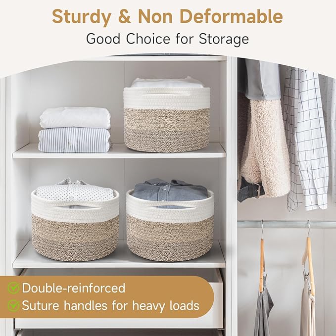 Small Rope Baskets for Storage, Baskets for Gifts Empty, Cute Round Woven Basket, Decorative Shelf Baskets 9.82×9.82×7.1", Cotton Toy Storage Bins for Organizer 3 Packs Mixed Brown