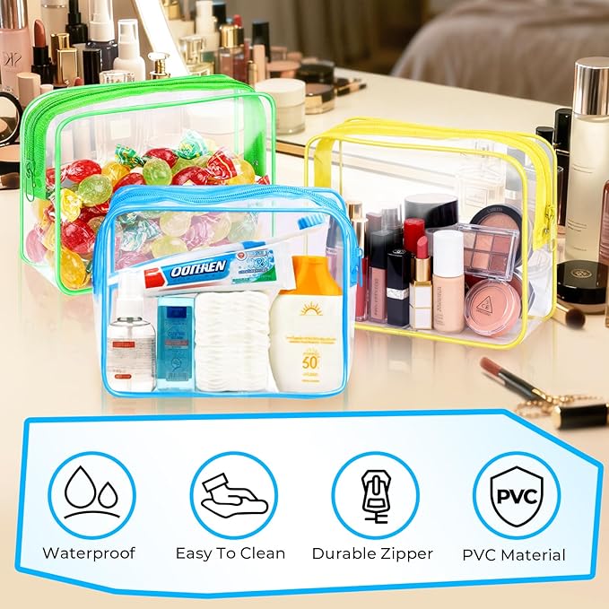 CHICAUP 6 Pieces Clear Makeup Bags Bulk TSA Approved Toiletry Bag for Travel PVC Waterproof Clear Cosmetic Pouch with Zipper for Men and Women Carry-on Travel Essentials (Blue)